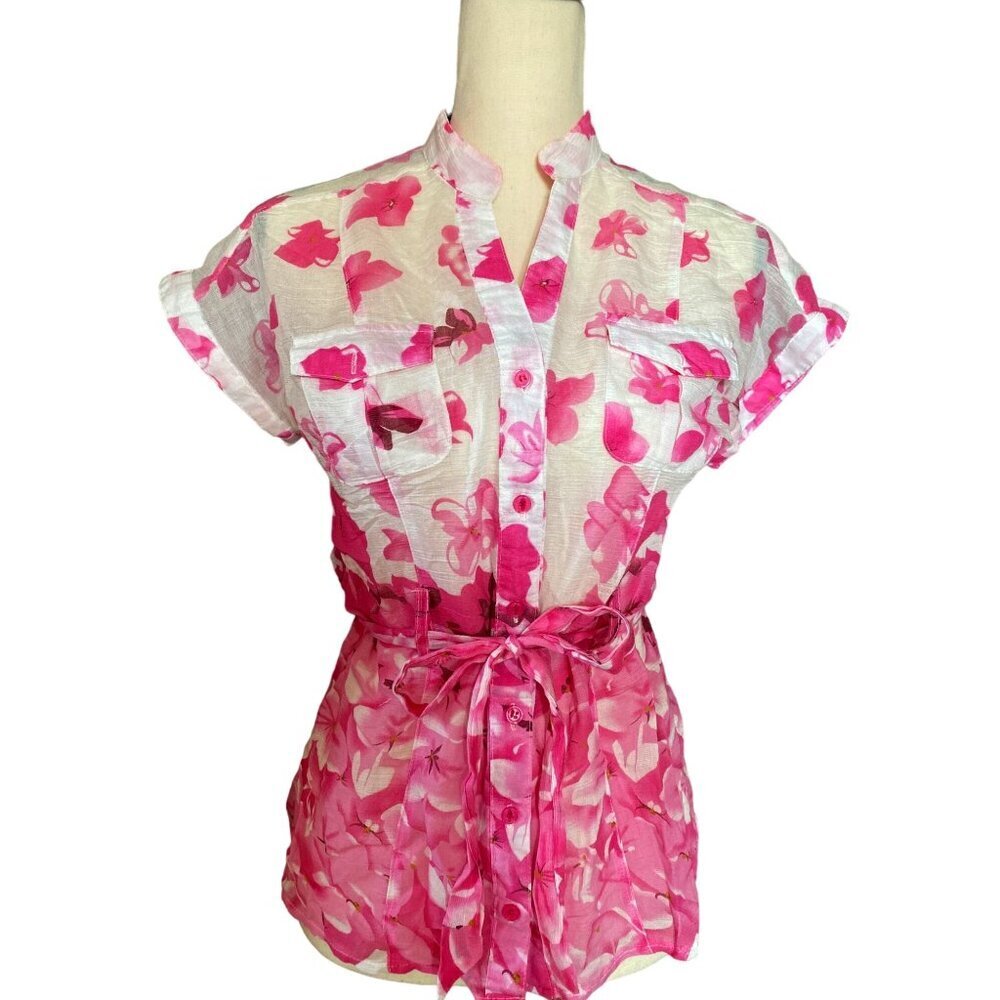 Vintage Y2K petal floral self tie short sleeves‎ button up blouse top women M